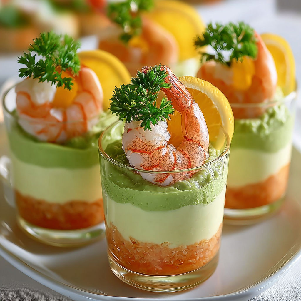 Les verrines crevettes, mousse d'avocat et agrumes sont présentées sur un plateau.