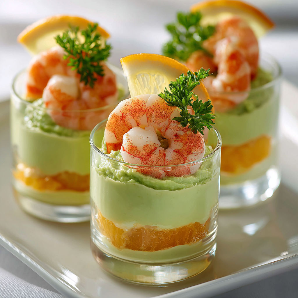 Une tarte aux crevettes et citron, accompagnée d'une salade verte, est servie dans des verres.