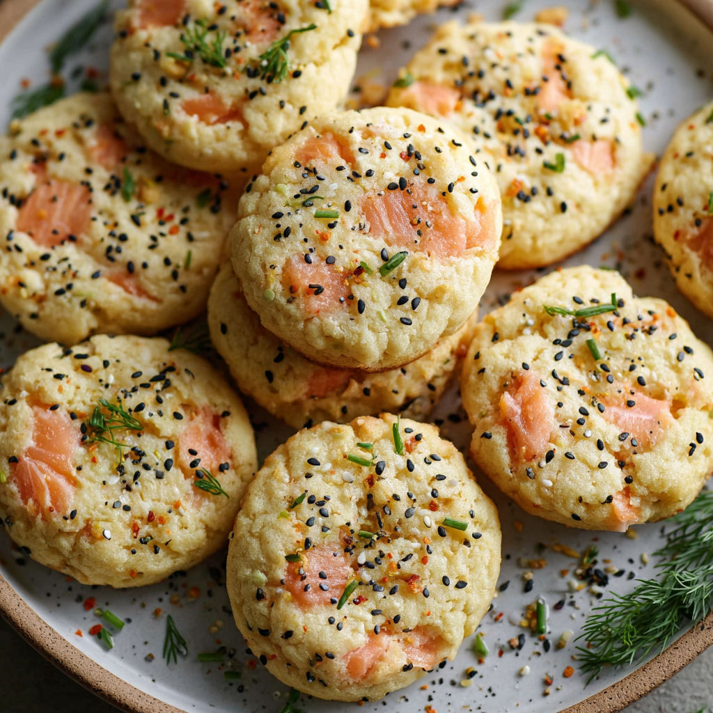 Plate of cookies with salmon, cheese, and sesame seeds.