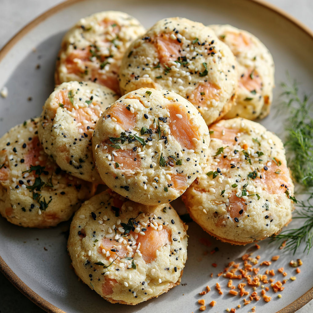 Une pile de biscuits à la sauce de saumon, avec des grains de poivre et des herbes, sur un plateau.
