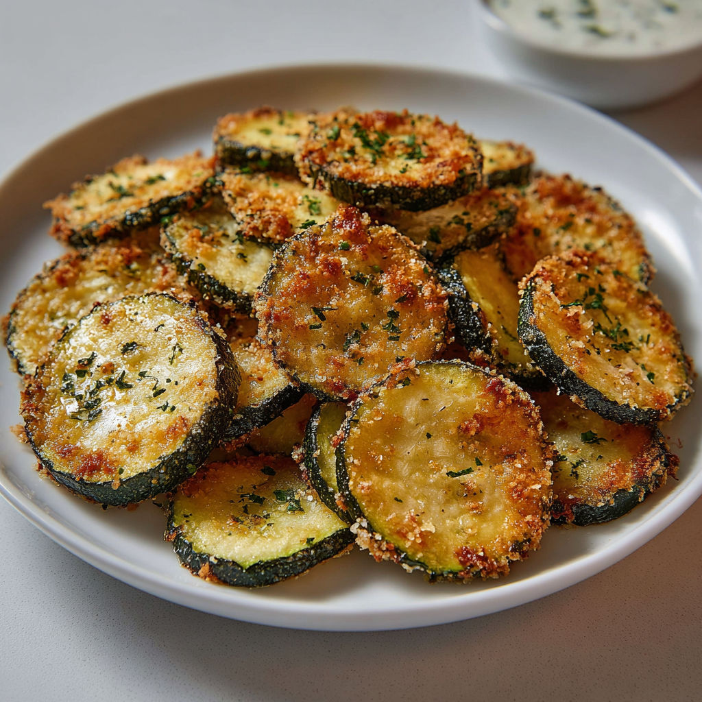 Une plaque de chips de courgettes croustillantes au four, avec une sauce verte et une sauce blanche.