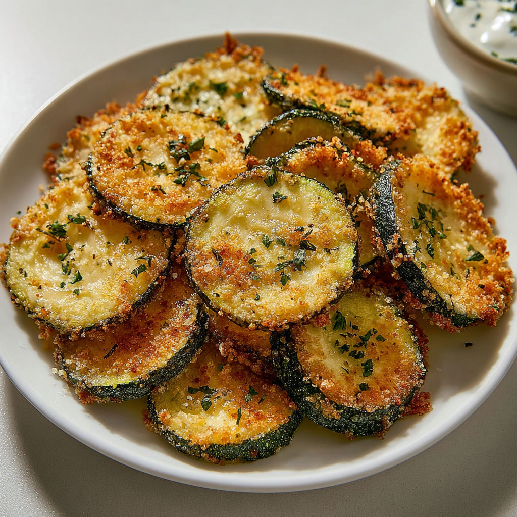 Une assiette de chips courgettes croustillantes, avec une sauce verte et une sauce blanche.