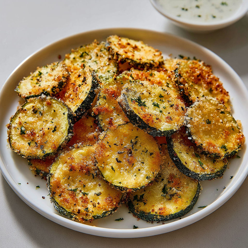 Une assiette de chips légères à la courgette, avec une sauce blanche et des herbes.