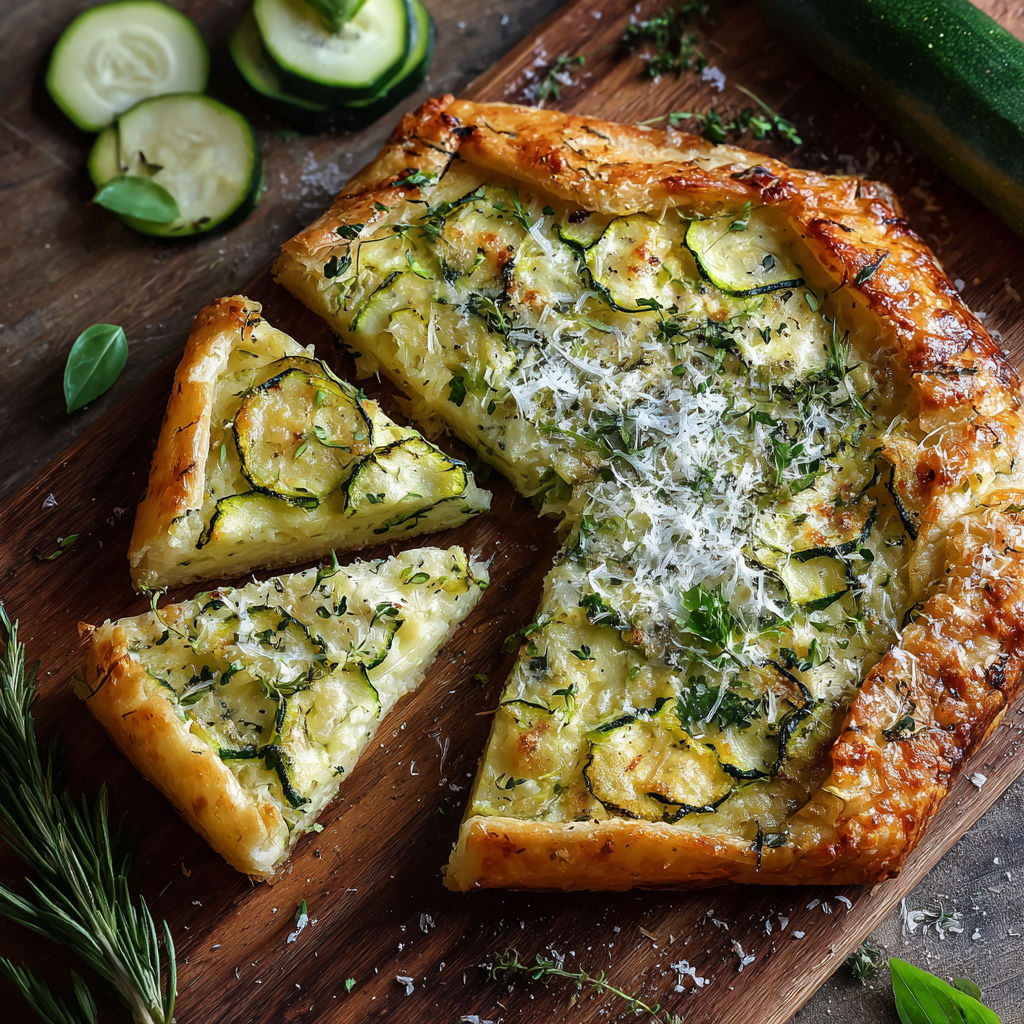 Une galette moelleuse de courgettes au Parmesan, servie sur un plateau de bois.