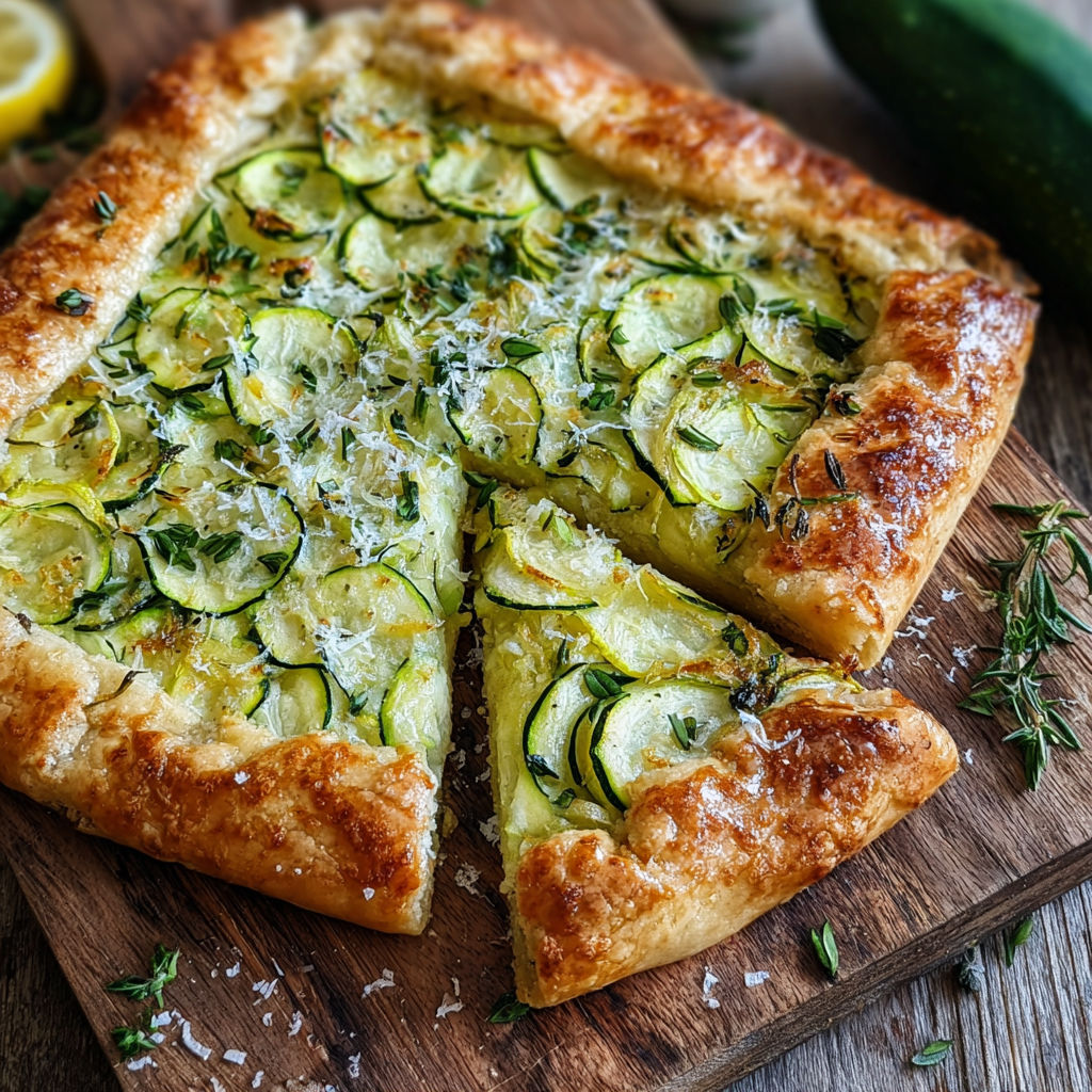Une pizza maison avec des courgettes et des herbes.