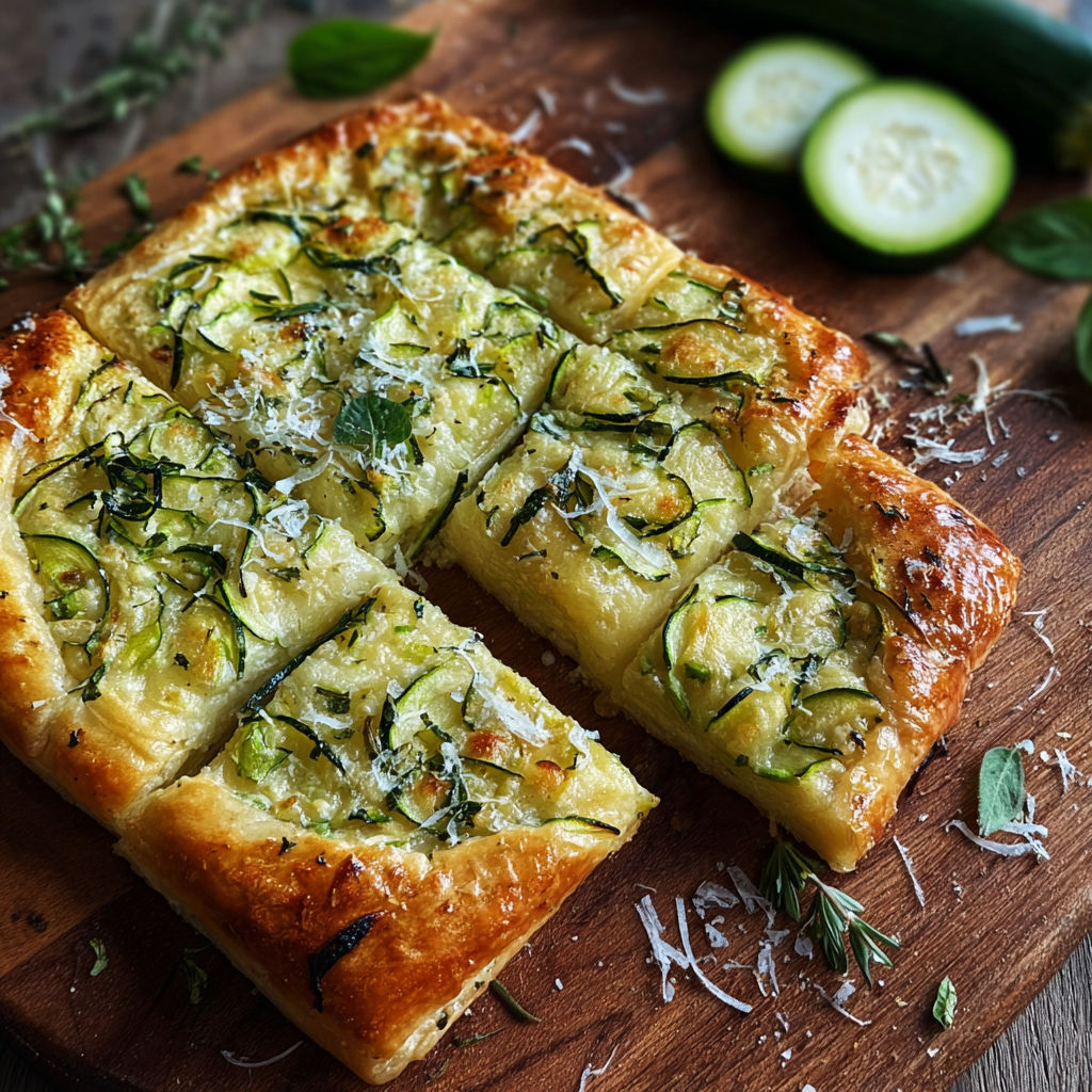 Une tarte aux céleris et fromage, servie sur un plateau de bois.