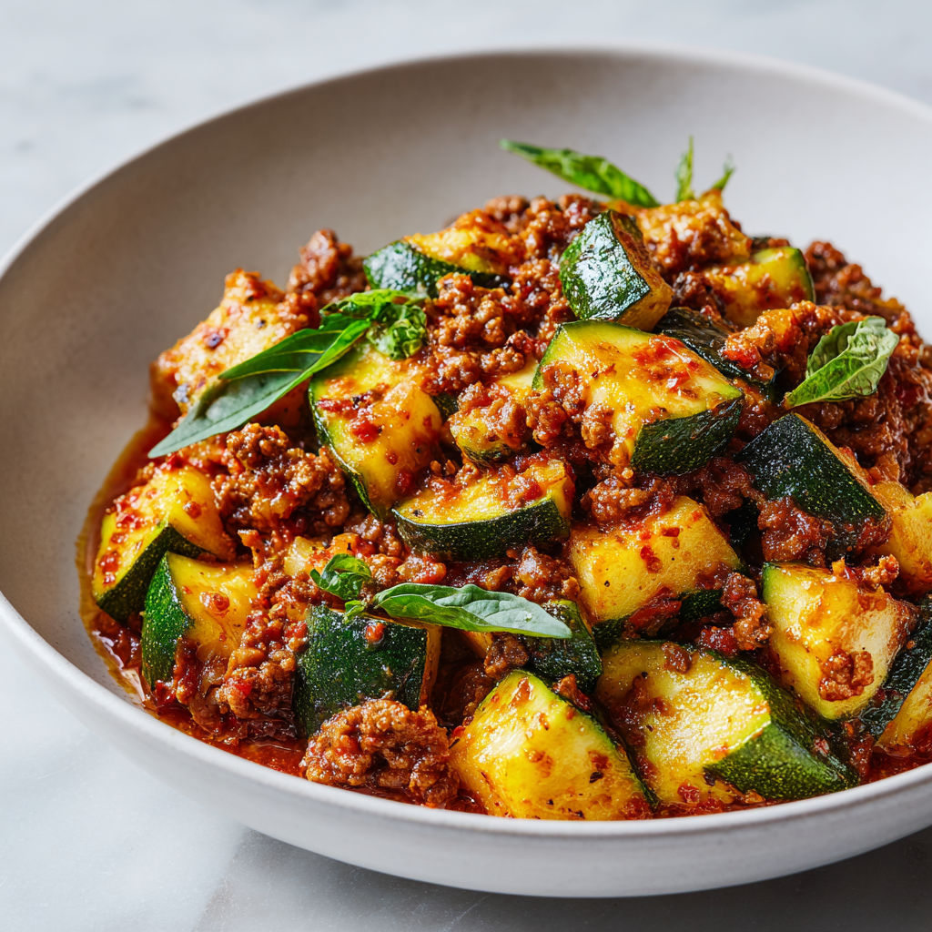 Un plat de courgettes Bolognaise, fondantes et parfumées, avec des herbes fraîches sur le dessus.