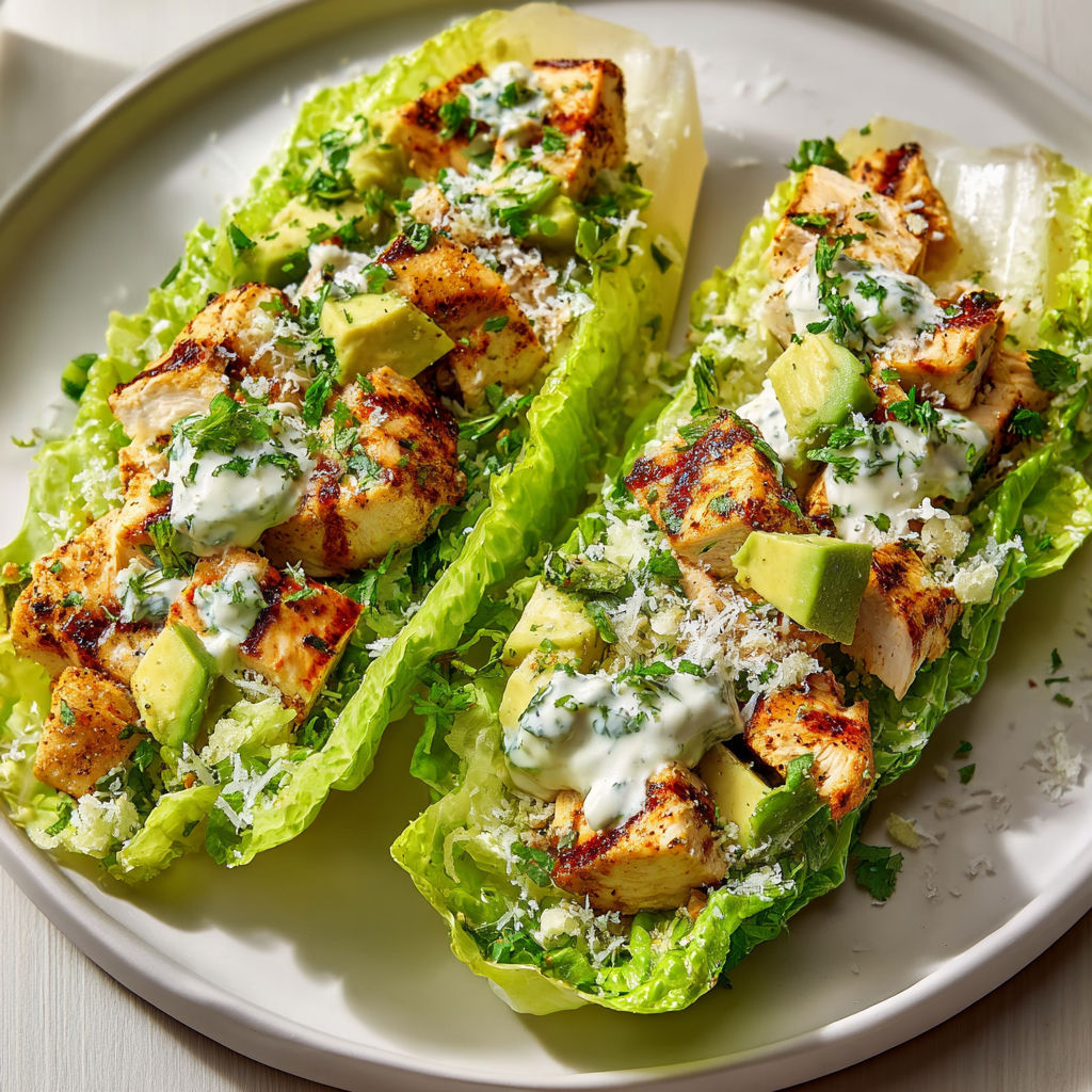 Salades en barquettes de romaine au poulet miel-citron vert et avocat.