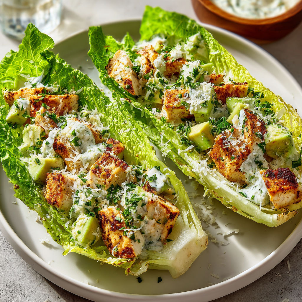 Une salade de poulet grillé avec des légumes verts et des herbes.