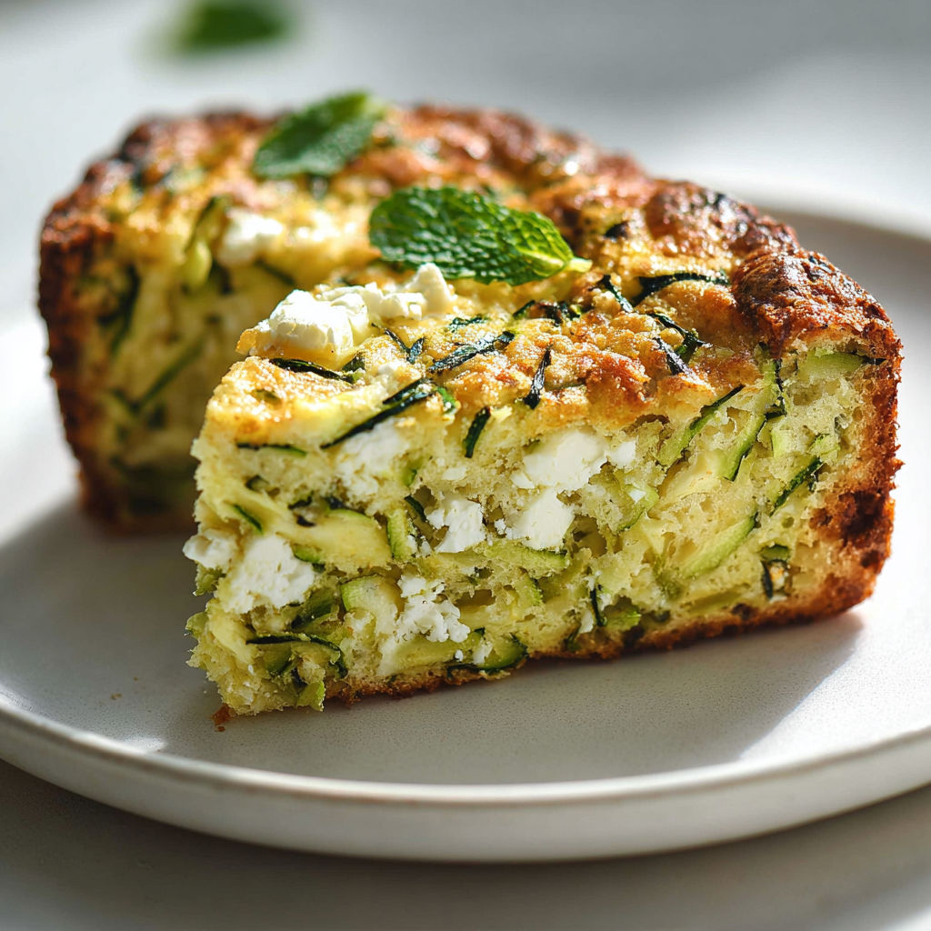 Une tranche de gâteau de courgette avec des herbes vertes sur un plateau.