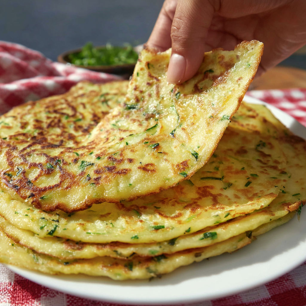 Une personne tire une crêpe râpée savoureuse aux légumes de dessus un plateau.