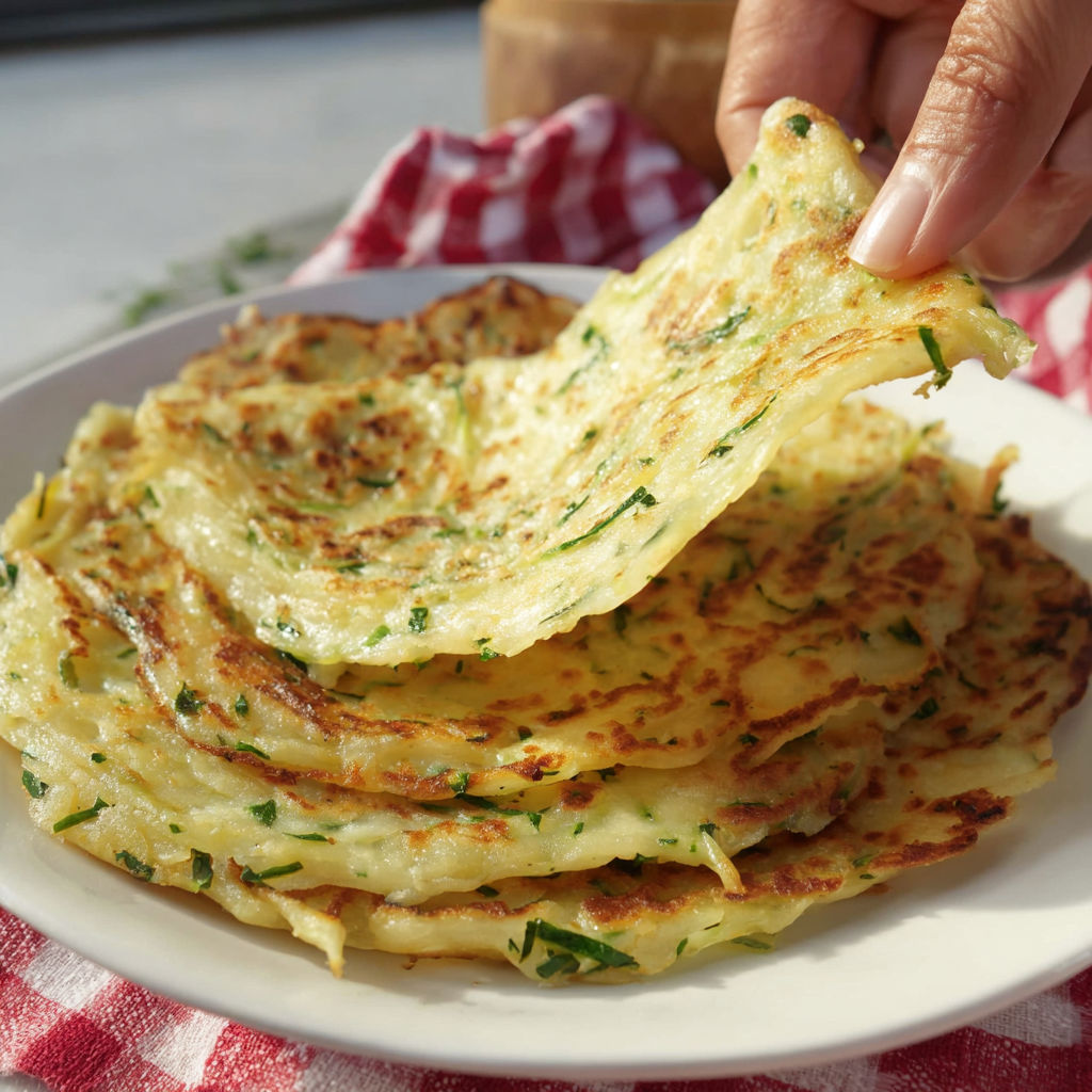Une pile de crêpes de pommes de terre est servie sur un plateau.