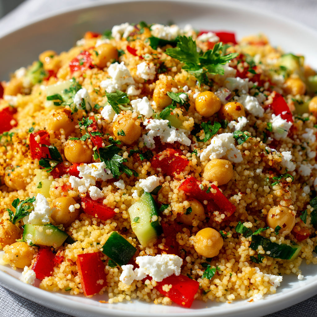Une salade de couscous avec des légumes et des herbes.