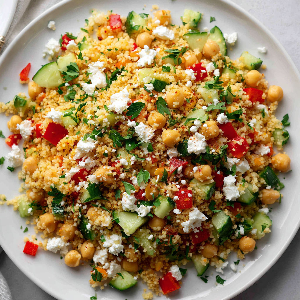 Une salade de couscous et de légumes colorés, avec des tomates, des cucumbers, des poivrons et des olives, est servie sur un plateau en porcelaine.