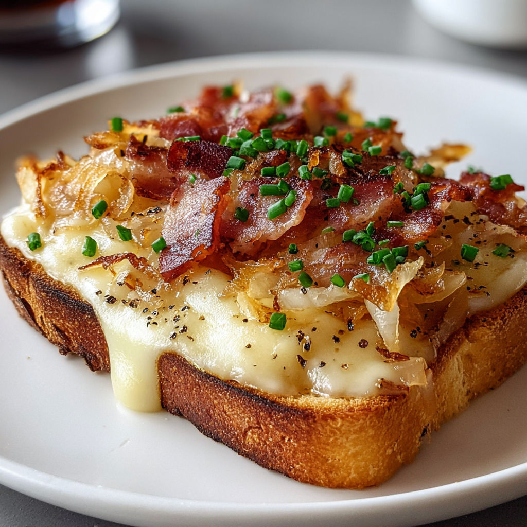 Une tartine montagnarde gratinée au fromage à raclette, avec des herbes et des bacon, est servie sur un plateau.