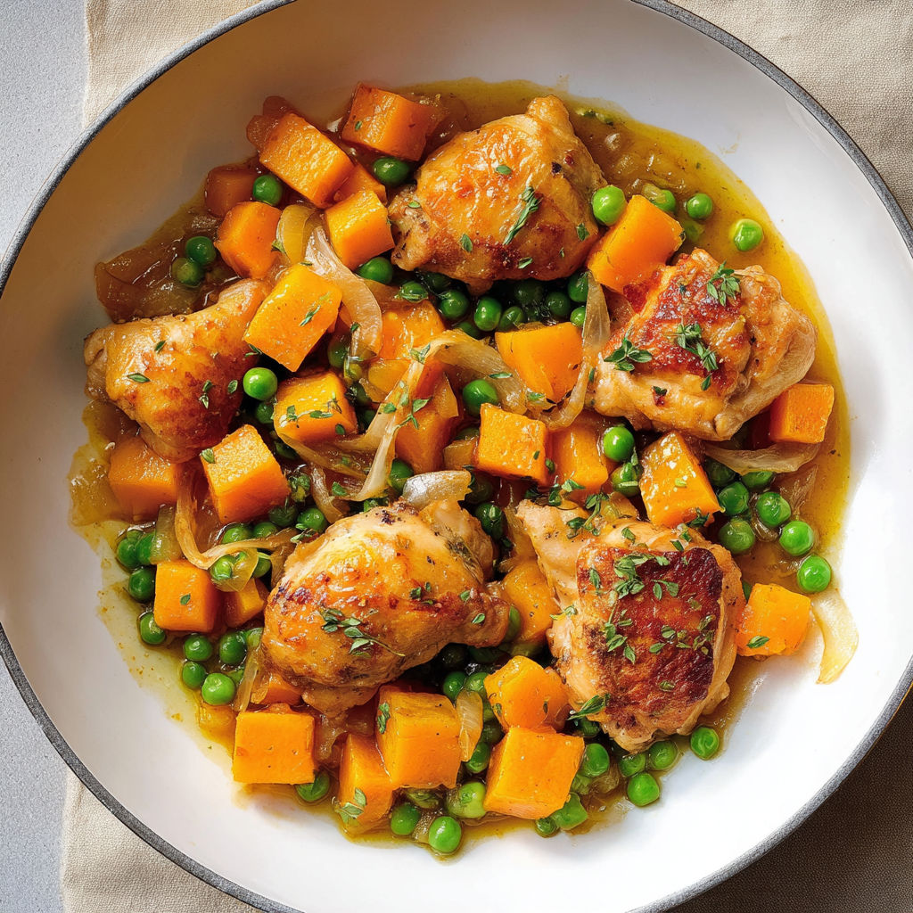 Un plat de poulet à la courge et à la fleur d'ail, avec des légumes et des carottes, est servie sur un plateau.