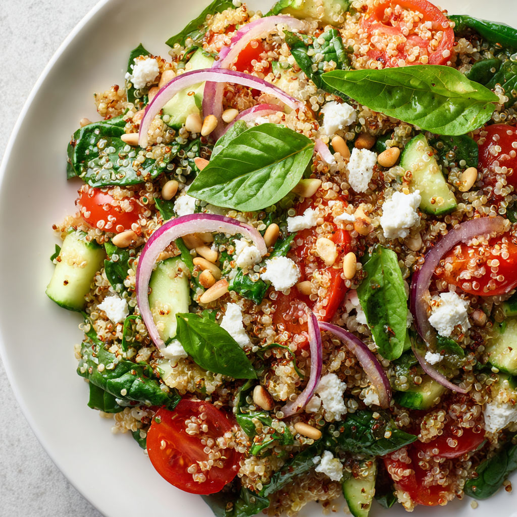 Une salade fraîche de quinoa aux légumes râpés, composée de tomates, de cucumbers, de pommes de terre, de quinoa, de basilic et de noix de cajou.