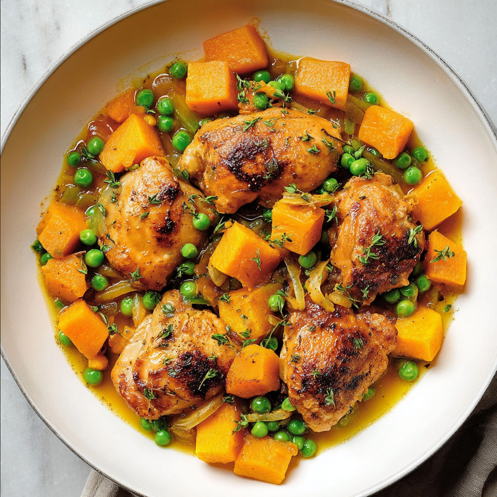 Une assiette de poulet mijoté avec des légumes et des pommes de terre, accompagnée d'une touche d'ail doux.