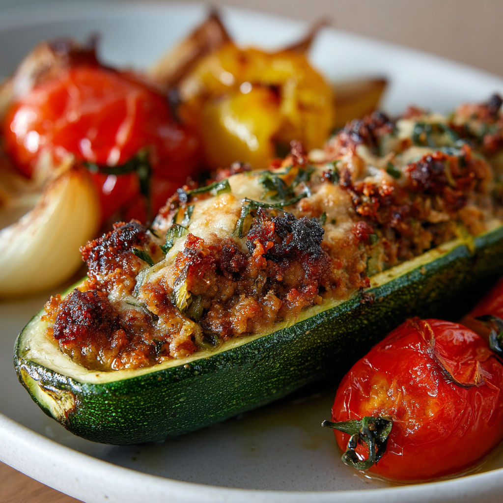 Une courgette farcie au veau et au parmesan, accompagnée de tomates et de légumes grillés.