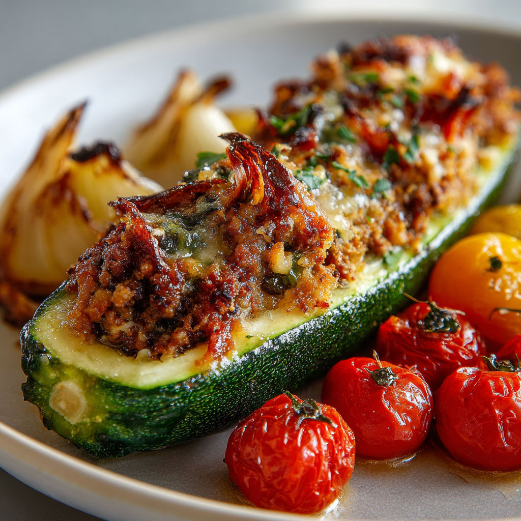 Une courgette farcie au veau et au parmesan, accompagnée de tomates cerises et de légumes verts.