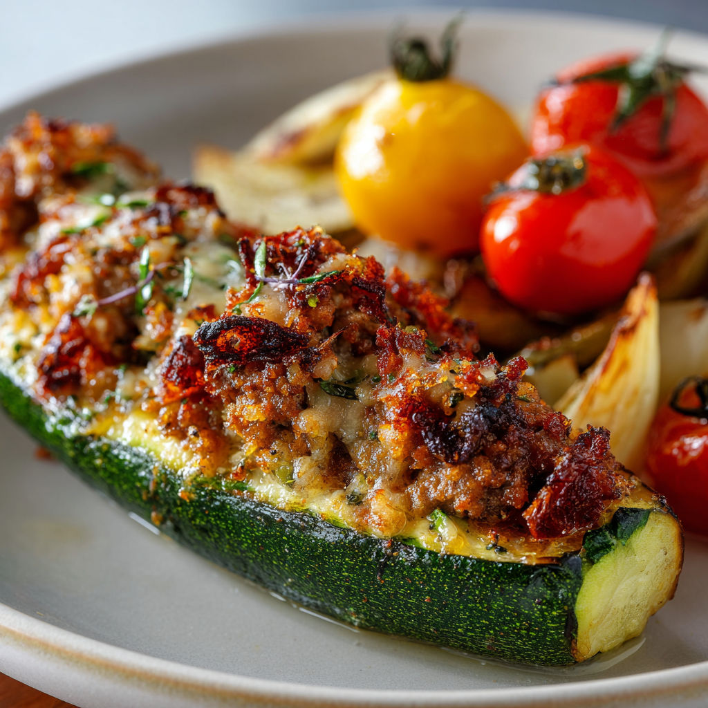 Une assiette de légumes grillés, y compris des courgettes, des tomates et des aubergines, accompagnées de sauce au veau fondant.