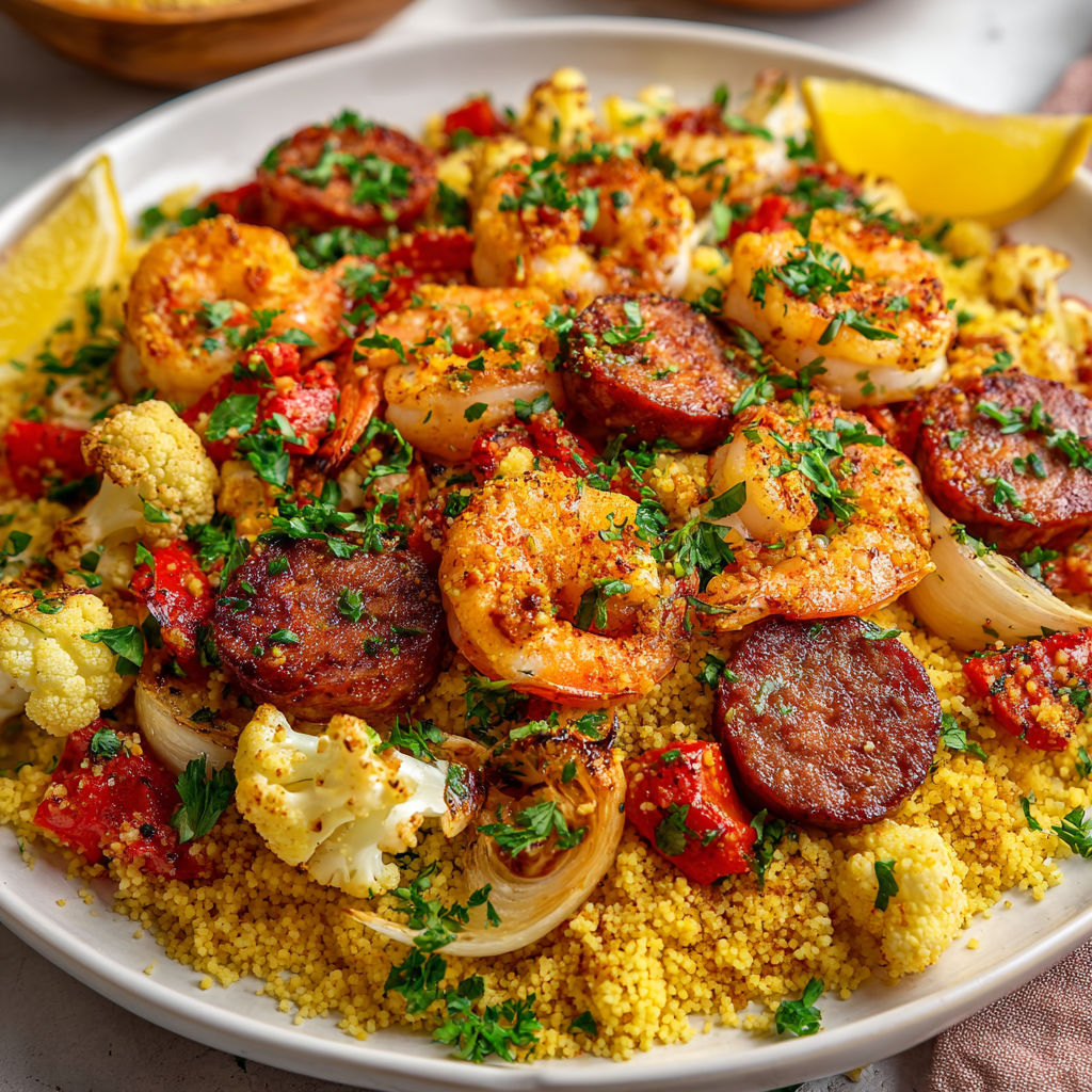 Une plate de Couscous aux crevettes et aux merguez, avec des légumes et des épices.
