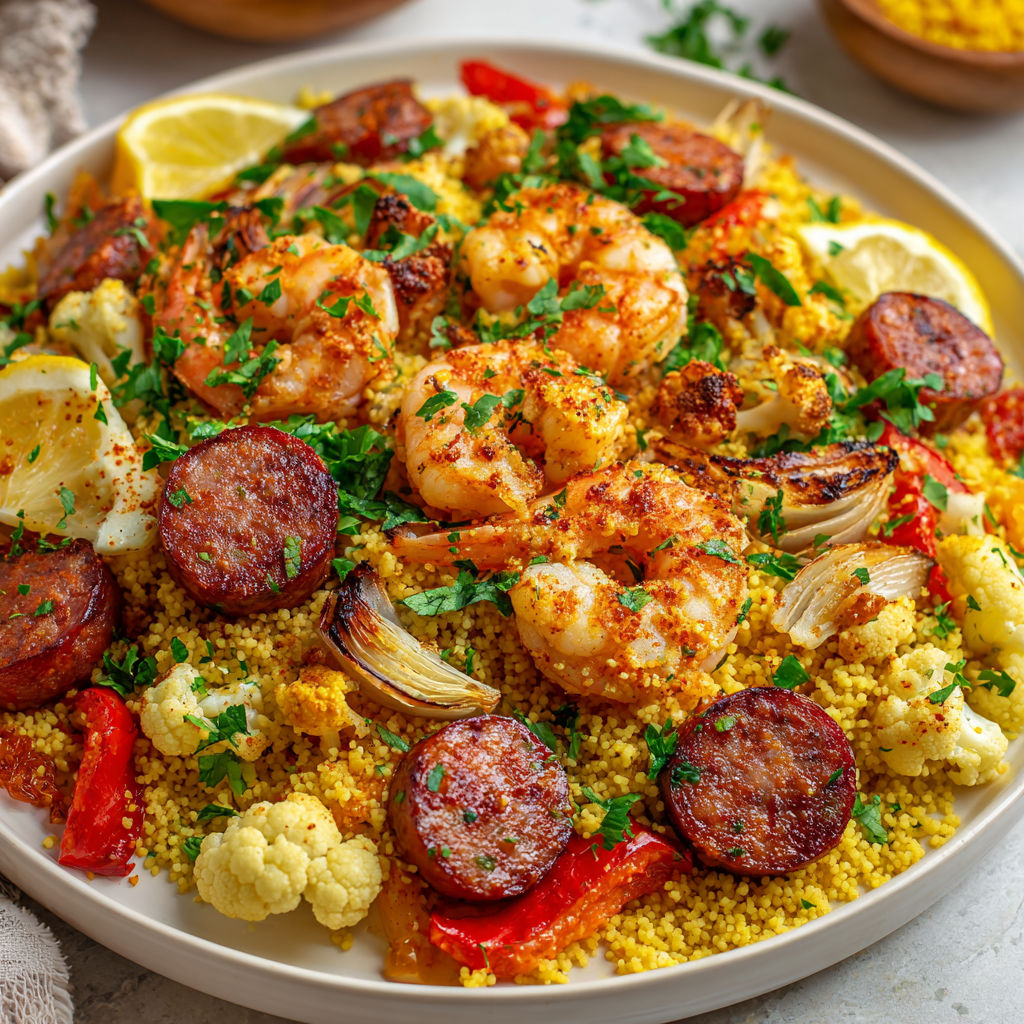 Plate of food with shrimp, sausage, and vegetables.