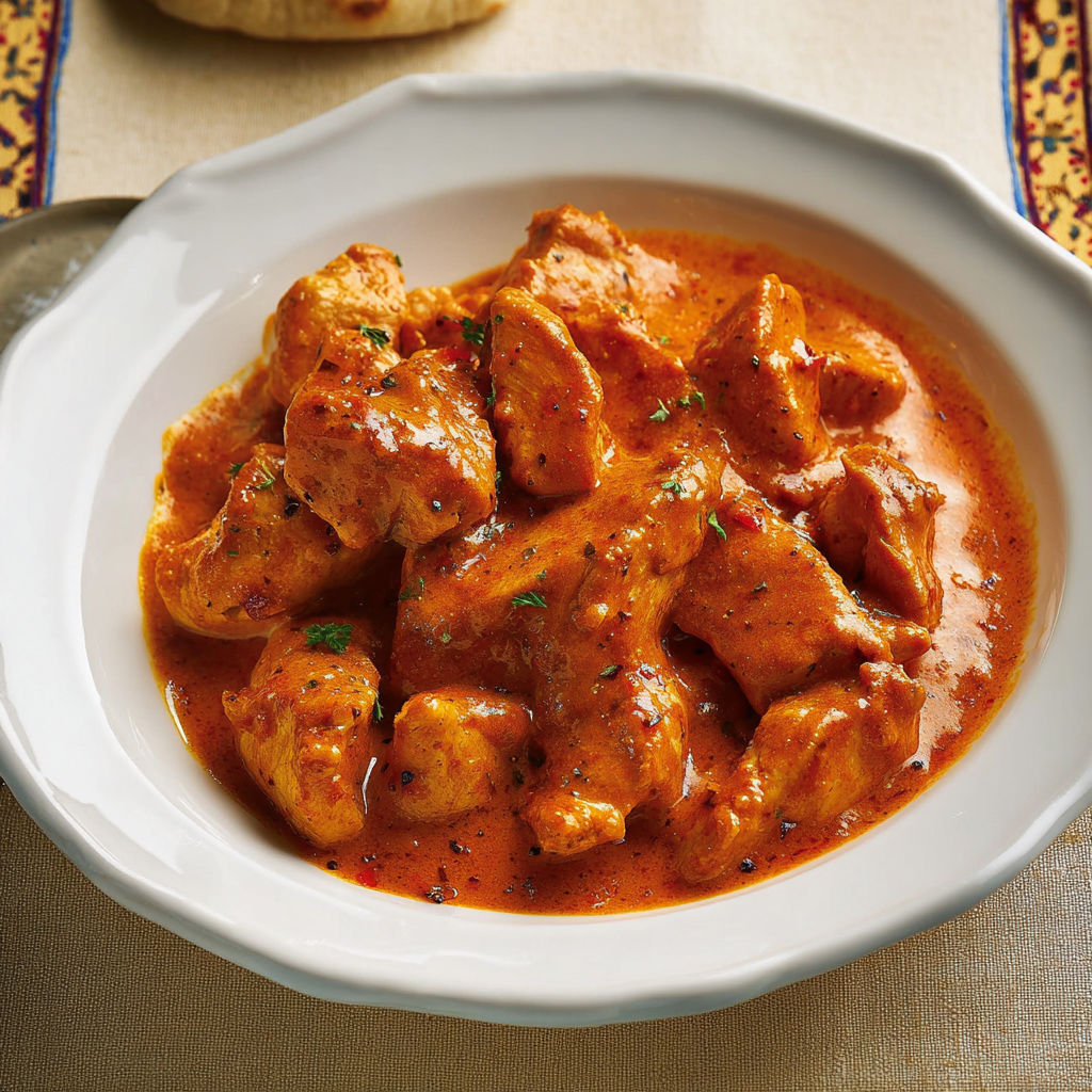 Une assiette de poulet en sauce tomate est servie sur une table.