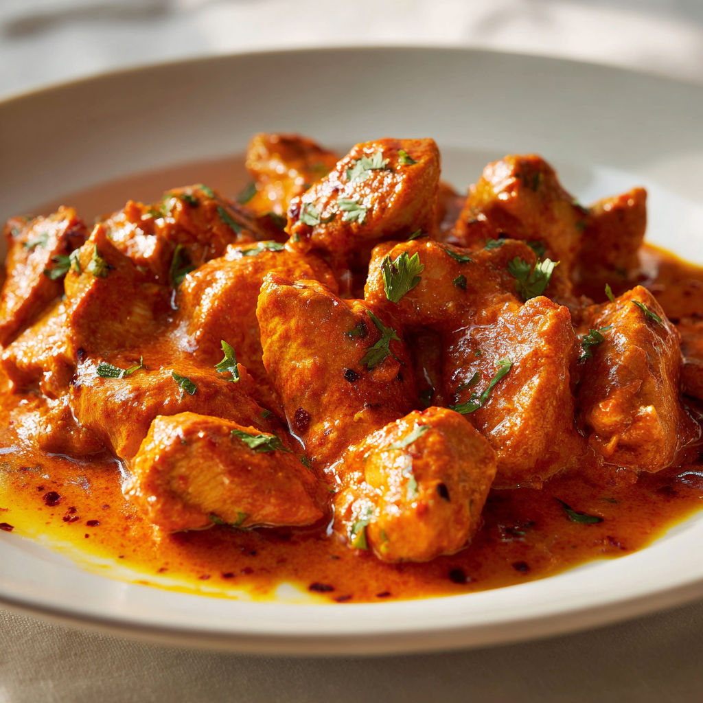 Une recette de curry de poulet est servie sur un plateau.