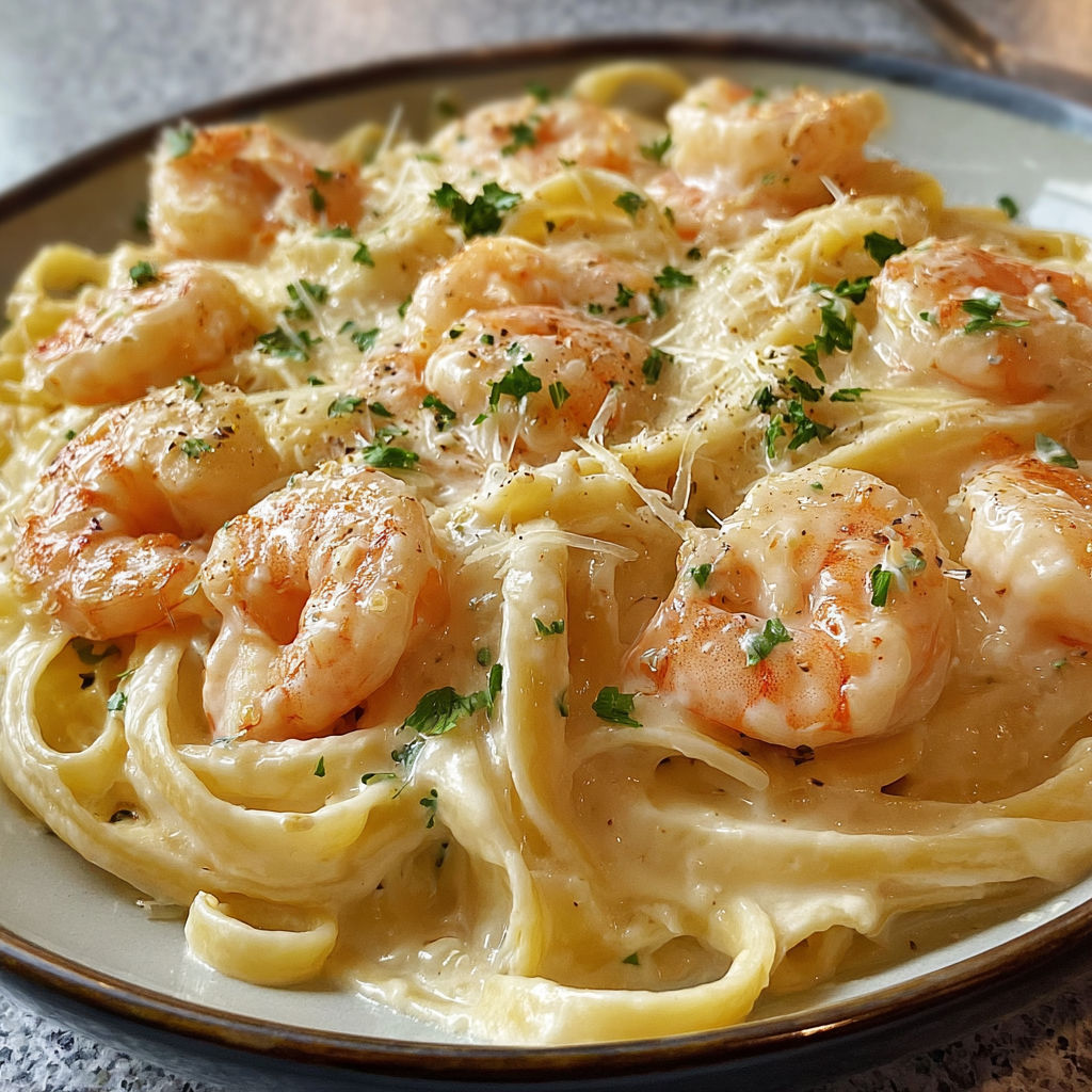 Une plate de Crevettes Alfredo faciles, crémeuses et savoureuses.