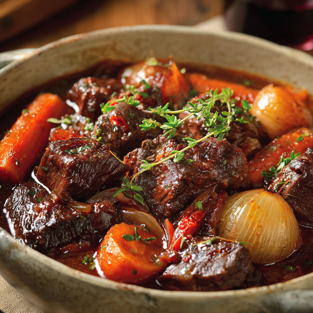 Une recette de stew avec des carottes, des oignons, des herbes et des légumes.