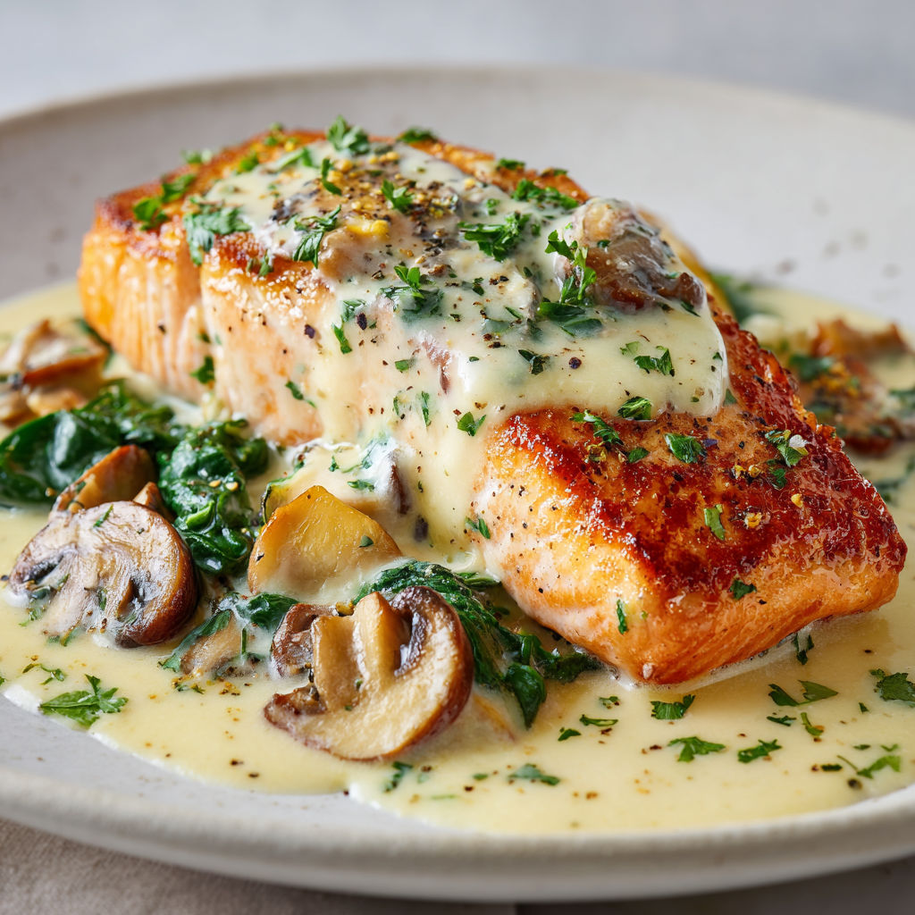 Une poisson grillé avec des champignons et des herbes, accompagné d'une sauce au beurre.