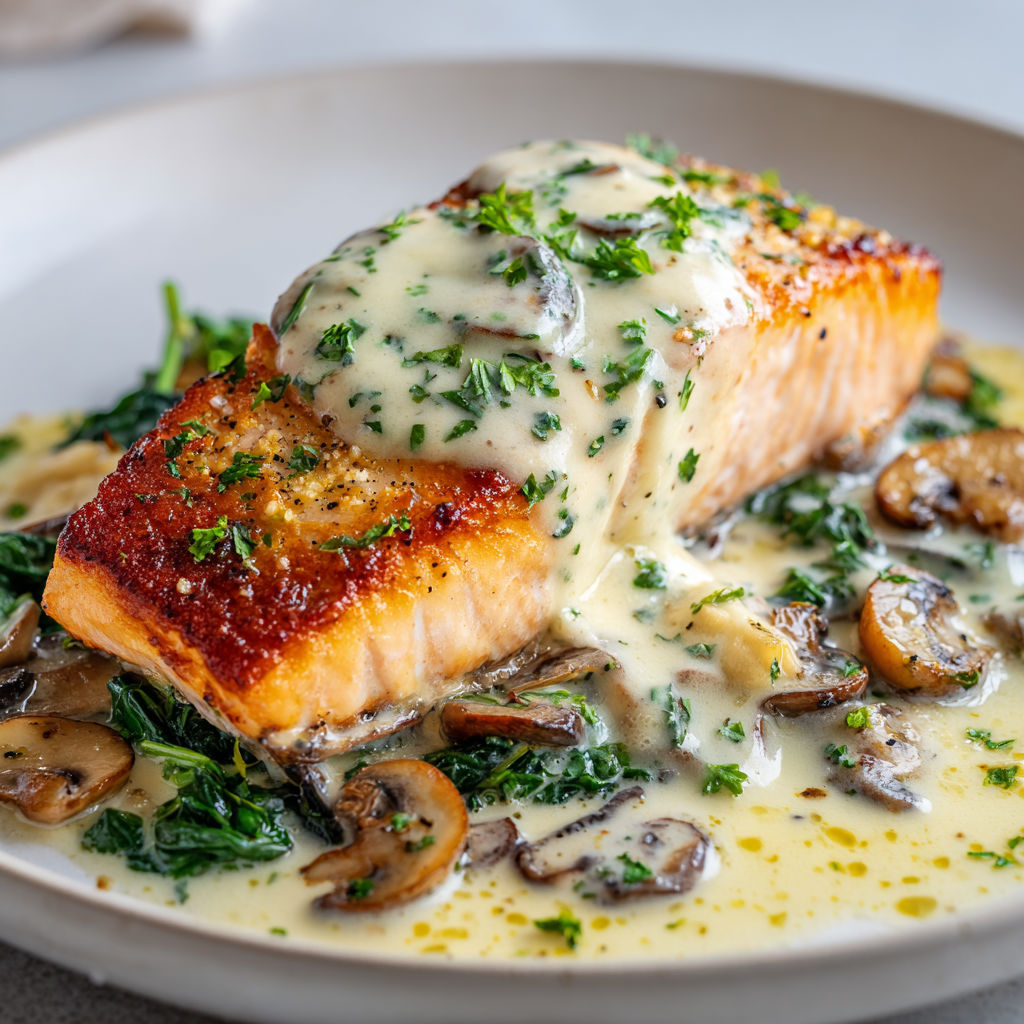 Un poisson grillé avec des champignons et des herbes, accompagné d'une sauce au beurre.