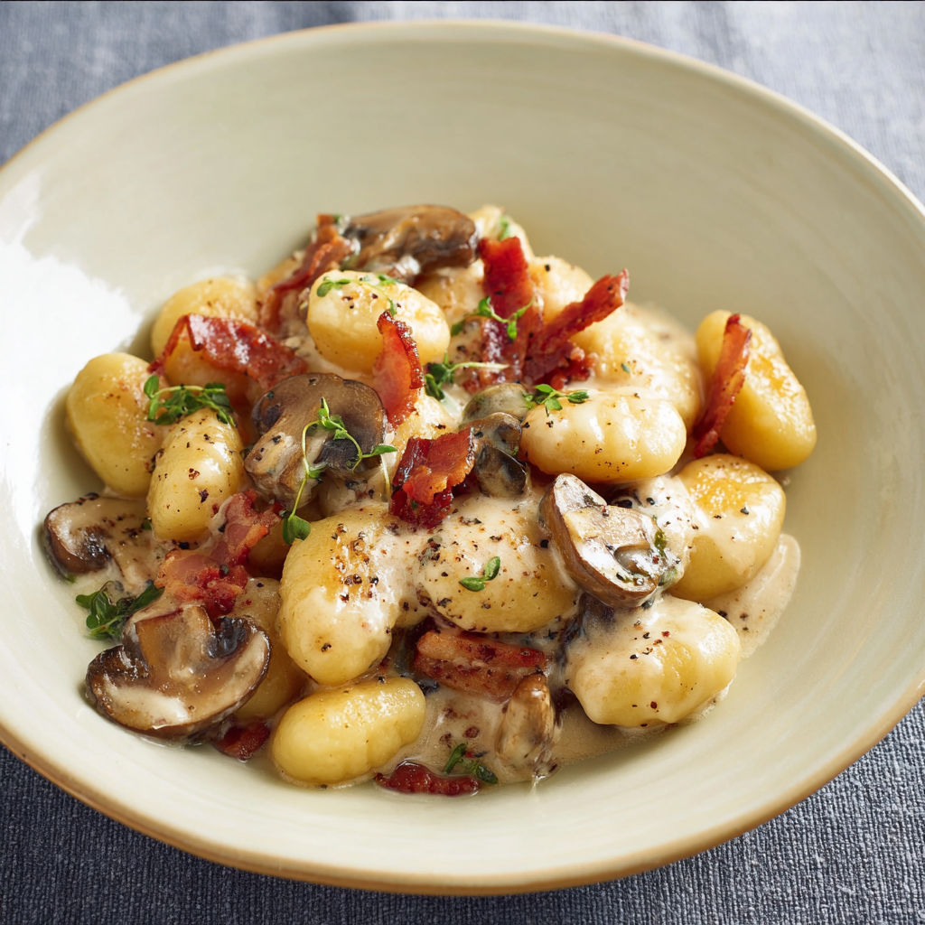 Une assiette de gnocchis au fromage crémeux, aux champignons et au bacon.