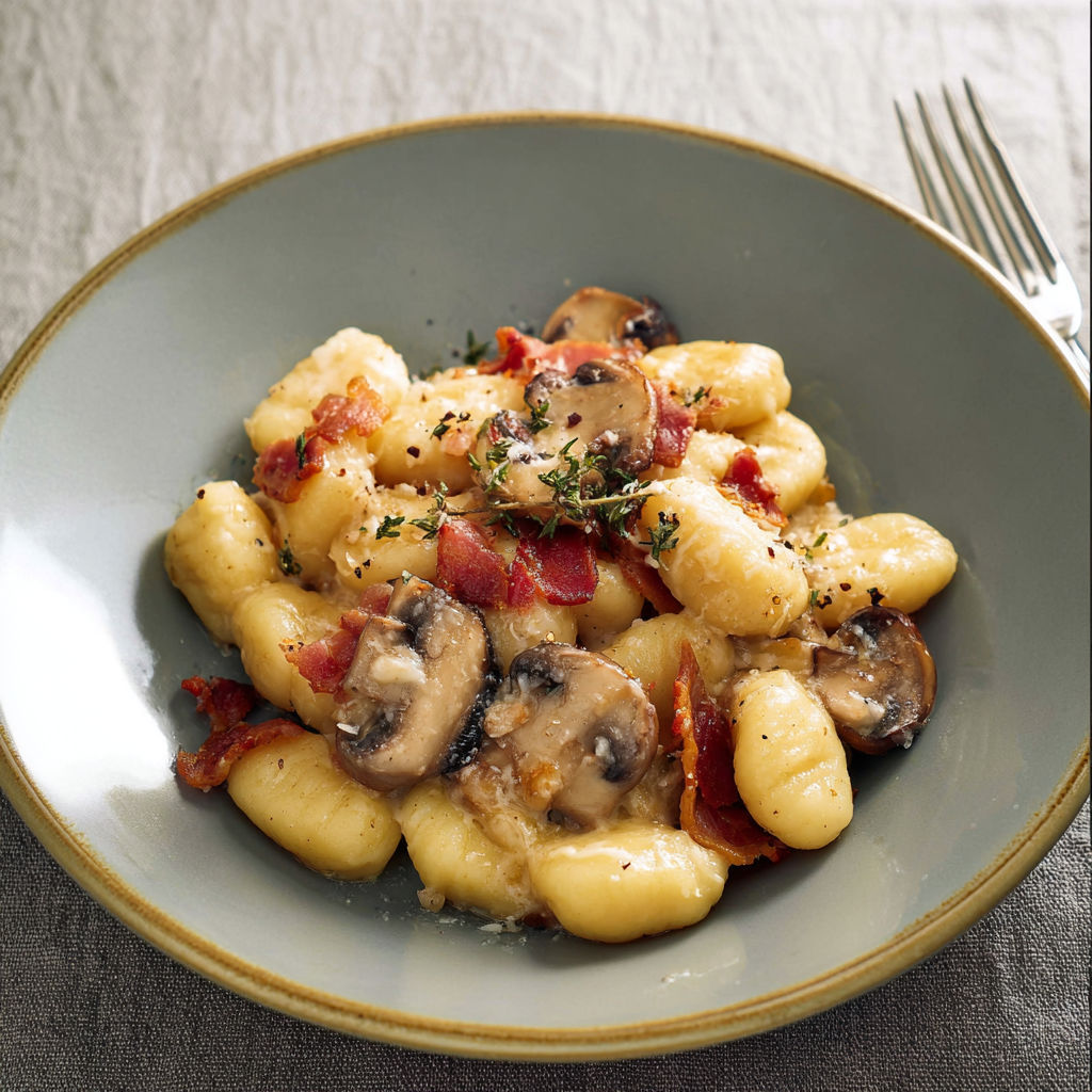 Une plate de macaroni aux champignons et bacon, avec une fourchette et une cuillère en dessous.