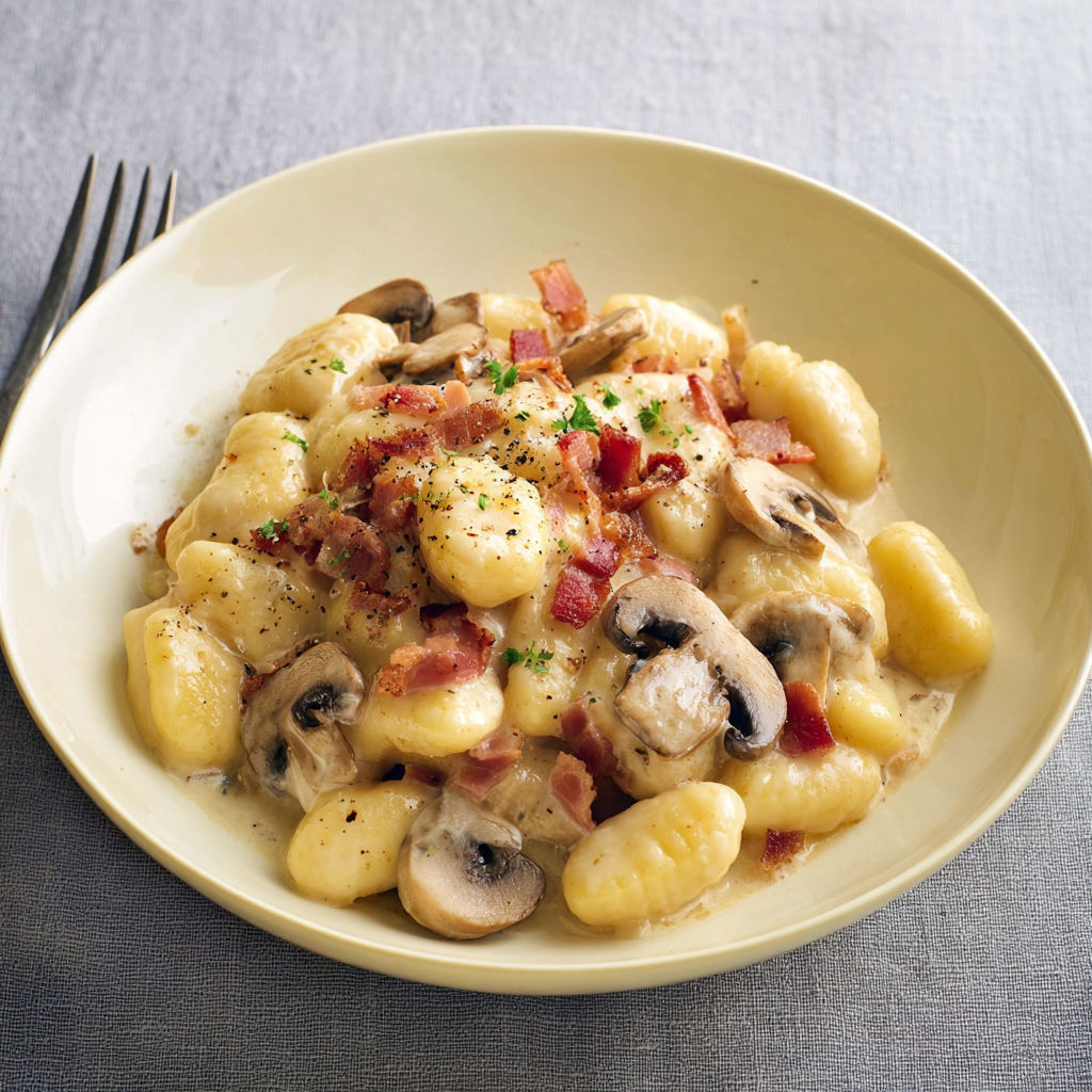 Une plate de macaroni au bacon et aux champignons, accompagnée d'une fourchette.