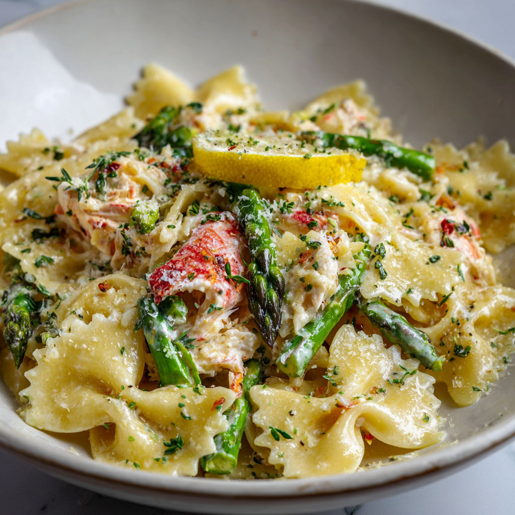 Une assiette de pâtes au crabe, au citron et aux asperges est servie sur une table.
