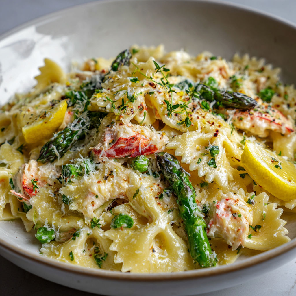 Une recette de Penne à la Creme de Crab et Asperges, servie dans un bol.