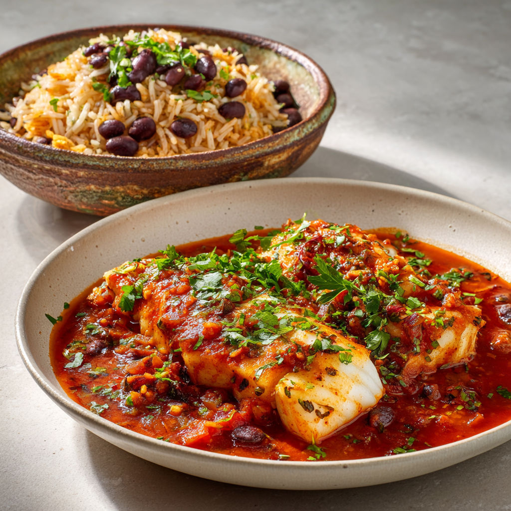 Une assiette de poisson tomaté et de riz à la mexicaine.