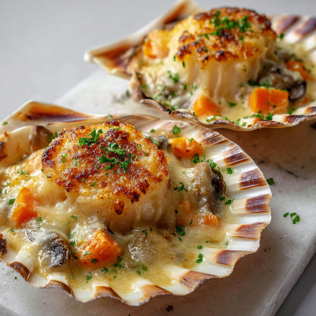 Gratin de Saint-Jacques à la Crème et Champignons, deux portions de ce plat délicieux sur un plateau de marbre.
