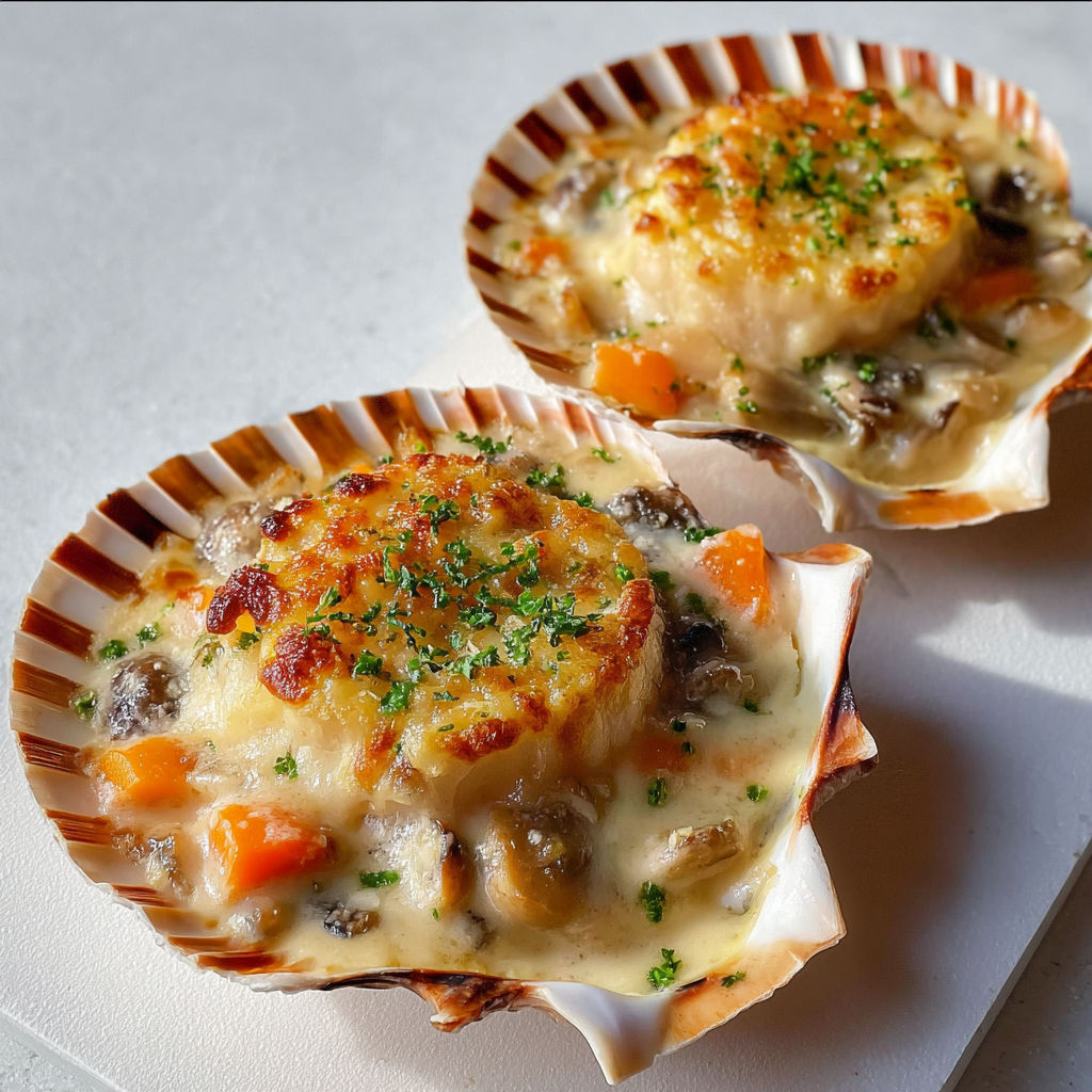 Gratin de Saint-Jacques aux champignons et légumes fondants, deux portions de ce plat délicieux sur un plateau.