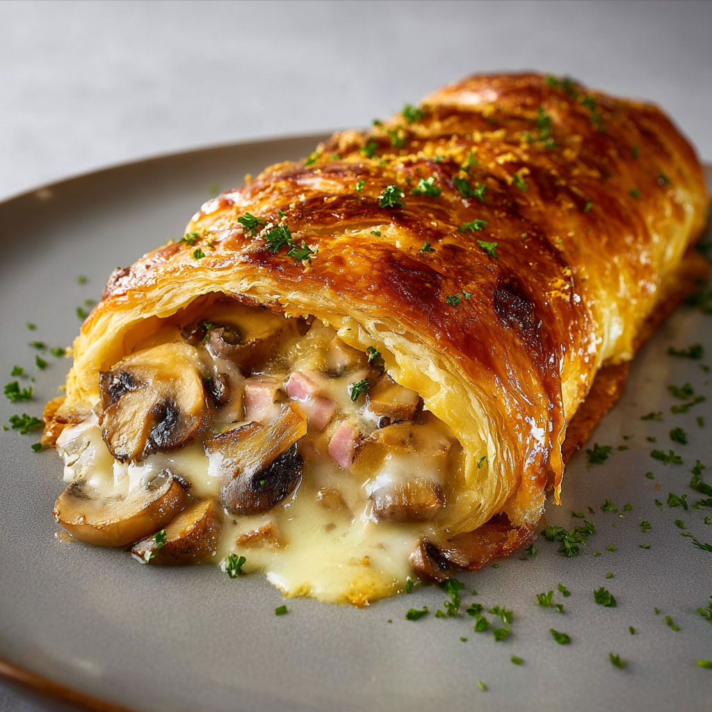 Un plat de Feuilleté aux Champignons et Jambon est présenté sur une assiette.