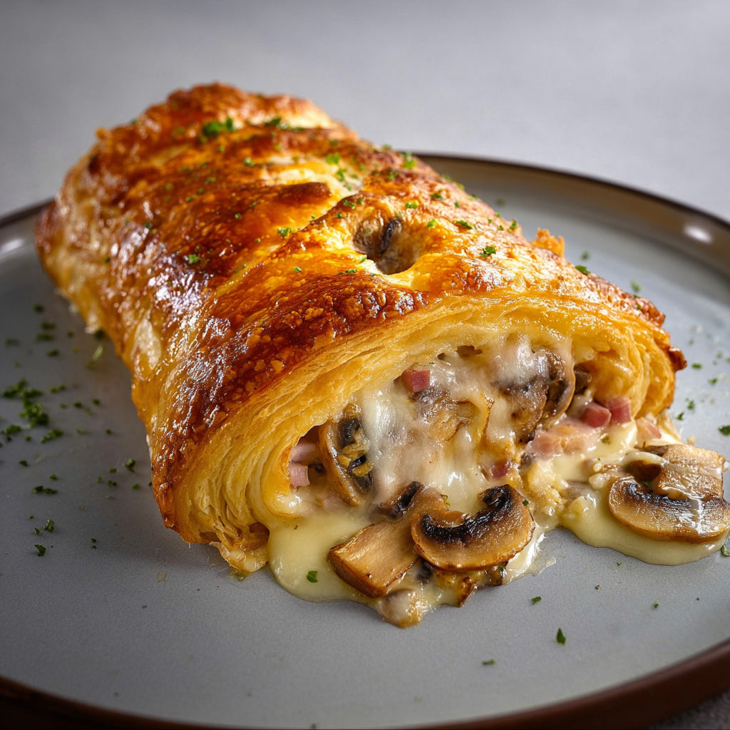 Un plat de Feuilleté croustillant au jambon et champignons sur un plateau.