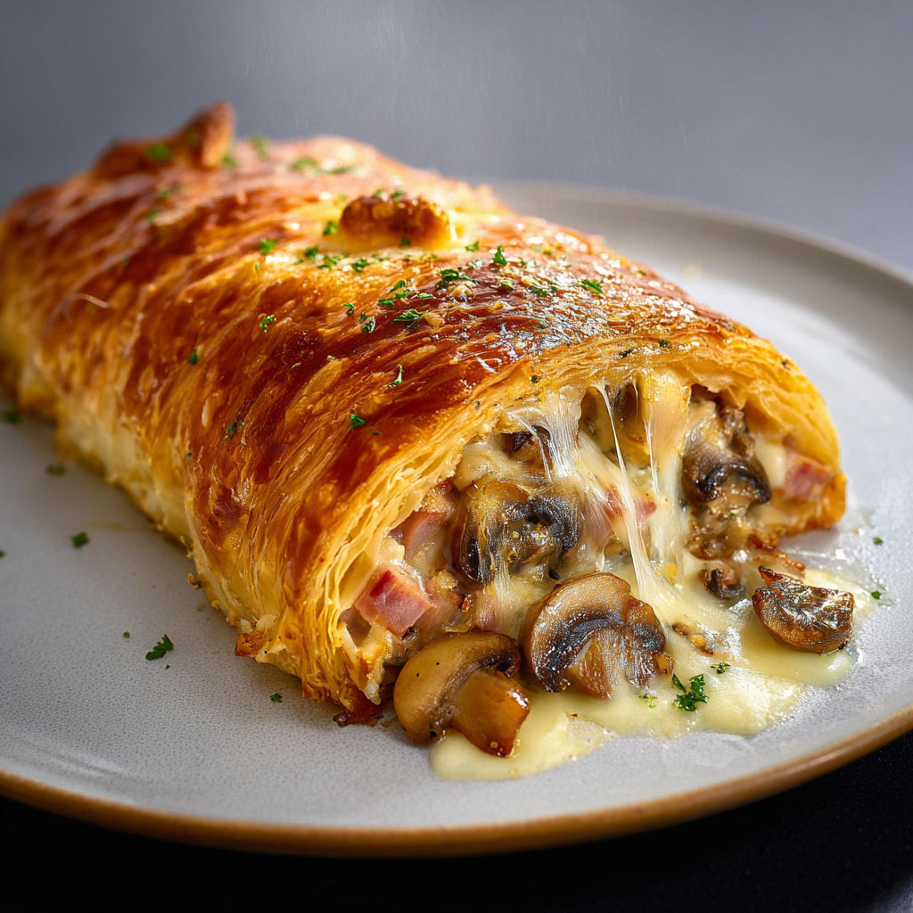 Une feuilletée rustique au jambon fumé et champignons est servie sur un plateau.