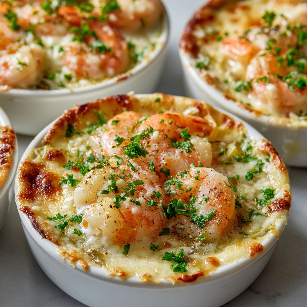 Cassolettes de crevettes aux poireaux fondants et gratin crémeux.