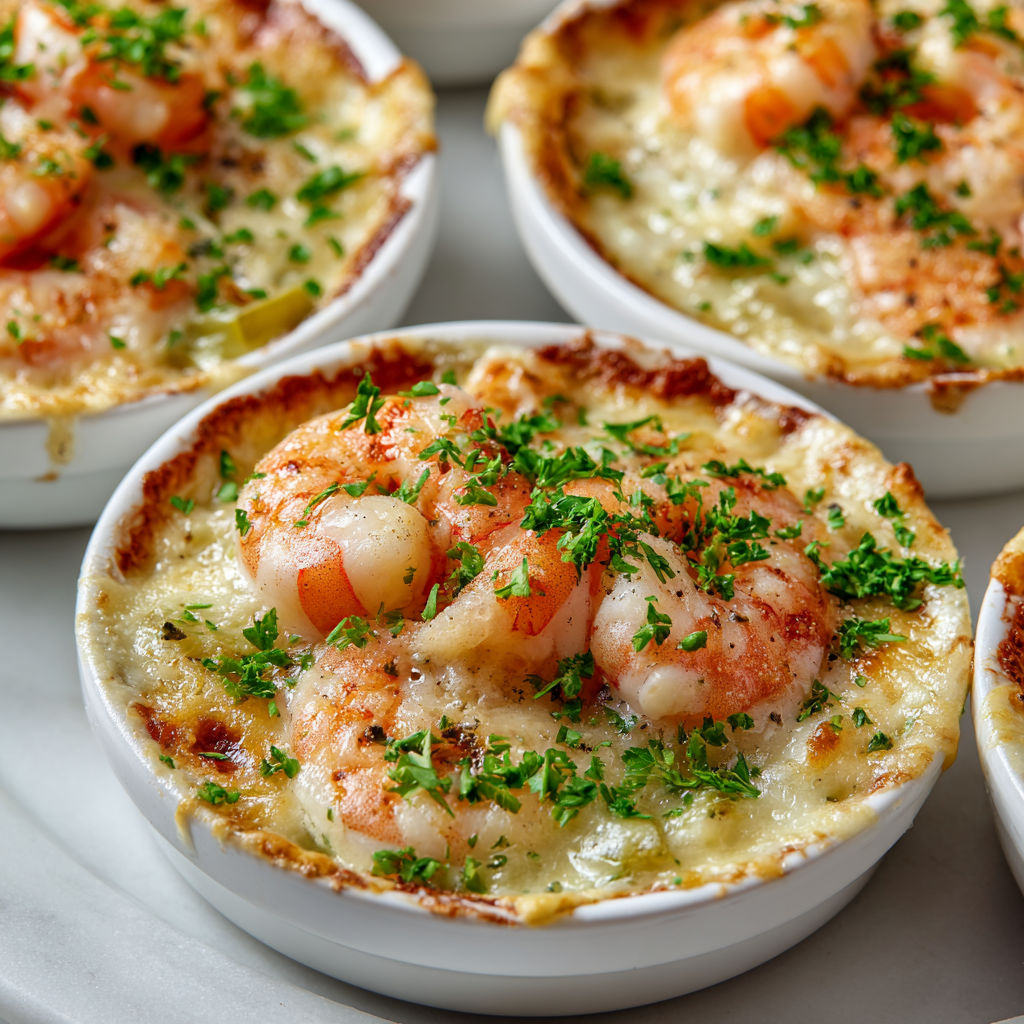 Cassolettes gourmandes aux crevettes, poireaux et sauce onctueuse au vin blanc.