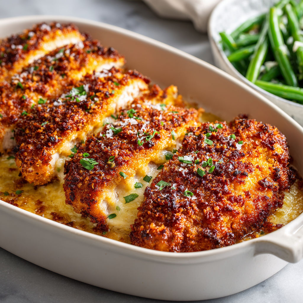 Un poulet croustillant au fromage parmesan est servie dans un plat en verre.