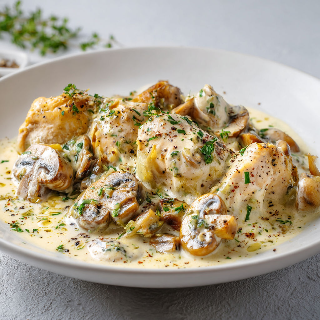 Une fricassée de poulet à la crème et champignons est servie dans un bol blanc.