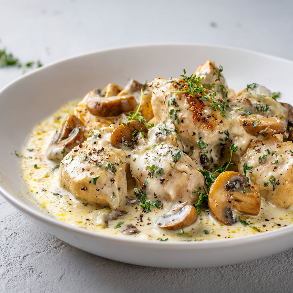Une assiette de poulet grillé avec des champignons et des herbes, accompagnée d'une sauce au yaourt.