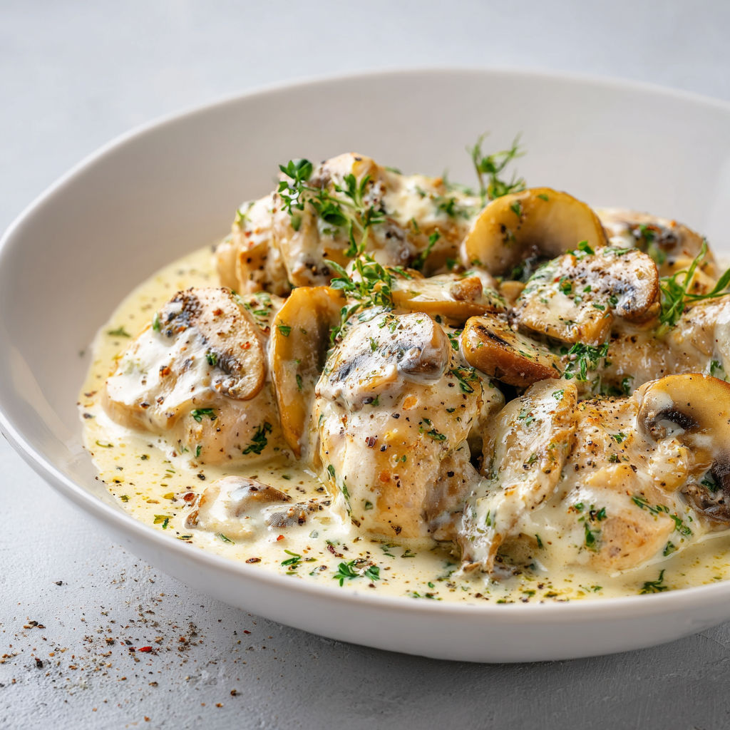 Une assiette de poulet avec des champignons et des herbes, accompagnée d'une sauce.